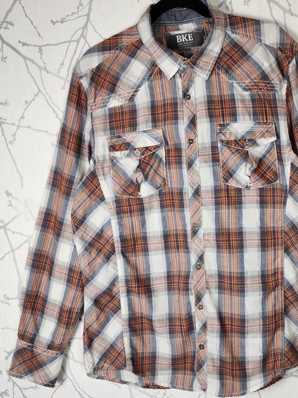 BKE Orange Plaid Cotton Blend Button Front Western Shirt
